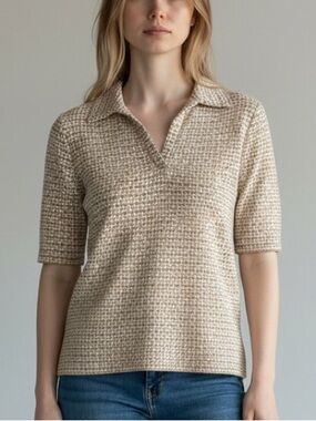 Kim & Cami Beige Short-Sleeve Knit Polo Top